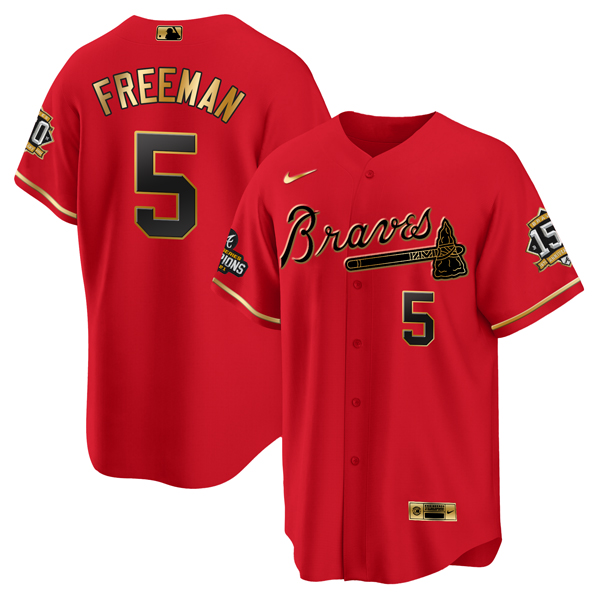 Men's Atlanta Braves #5 Freddie Freeman 2021 Red/Gold World Series Champions With 150th Anniversary Patch Cool Base Stitched Jersey
